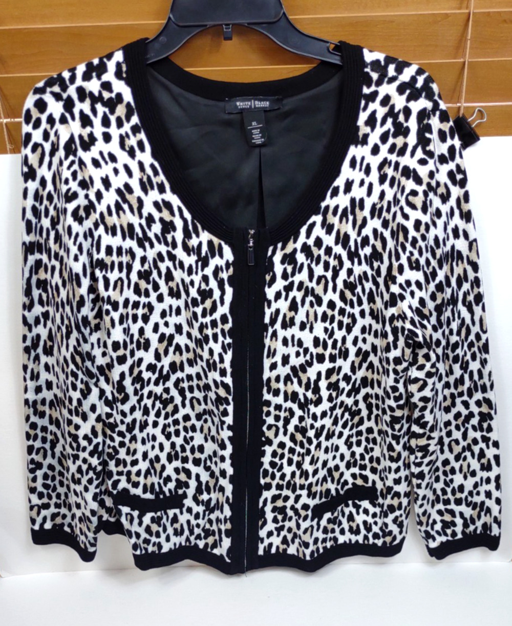 White House Black Market White Cheetah Leopard Sweater Full Zip Cardigan Size XL